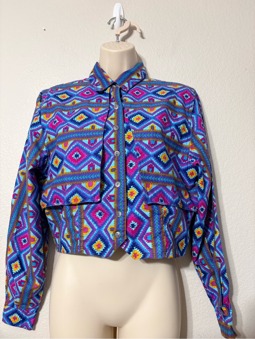 Vintage 80s Rodeo Western Wear Cropped Button-Down Top Cotton Aztec Western M